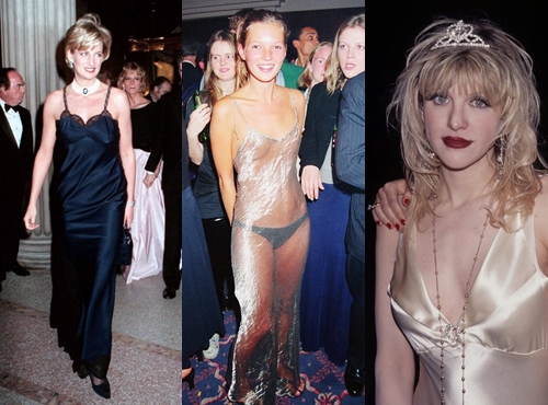 (Từ trái qua) Công nương Diana, Kate Moss, Courtney Love là những người góp phần đưa mốt váy ngủ trở thành hiện tượng toàn cầu.