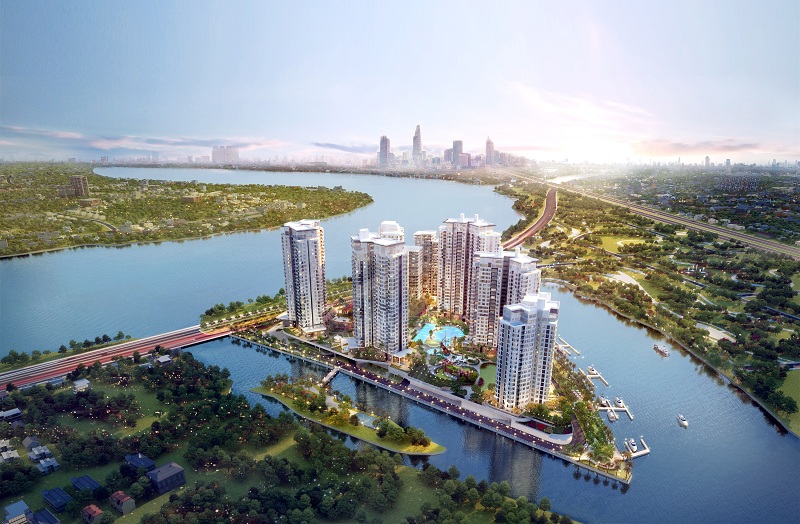 Phối cảnh dự án Diamond Island với 3 mặt giáp sông, tầm nhìn 360 độ hướng sông và trung tâm thành phố.