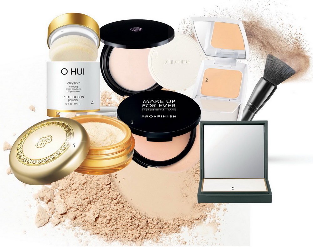 1.Shiseido Make up Translucent Loose Powder: Phấn phủ dạng nén không màu lâu trôi, kết hợp thành phần dưỡng ẩm giúp da luôn tươi tắn, 730.000 VND. 2. Lancôme Blanc Expert Brightening Anti-Dullness SPF35/PA+++: Phấn nền dạng nén mang lại lớp trang điểm tươi sáng, hoàn hảo và lâu trôi, 1.600.000 VND 3. Make Up For Ever Pro Finish: Phấn phủ có thể sử dụng theo hai kiểu là Dry dùng cọ hoặc bông phấn và Wet dùng cọ và bông phấn đã được thấm nước, 1.050.000 VND. 4. O HUI Perfect Sun Powder SPF50+/PA+++: Phấn phủ chống nắng làm trắng vượt trội, hấp thu chất nhờn, giúp da ráo mịn cùng khả năng bám dính cao, 1.110.000 VND. 5. Whoo Mi Jewelry Powder: Phấn phủ trang điểm hoàng cung dạng bột, 1.450.000 VND. 6. M•A•C Prep + Prime Transparent Finishing Powder: Phấn nén không màu tạo một bề mặt láng mịn, giảm lỗ chân lông, kiểm soát ánh sáng và kiềm dầu trên da. 