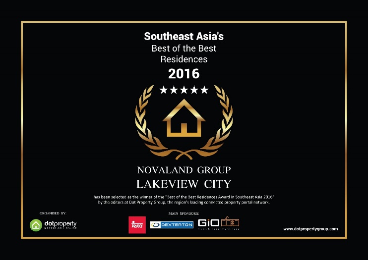 Giải thưởng “Southeast Asia’s Best of The Best Residences 2016” được trao cho Lakeview City vì những ưu điểm nổi bật về vị trí, thiết kế, quy hoạch…