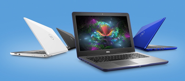 Three Dell Inspiron 15 5000 Series (Model 5567) Touch 15-inch notebook computers with Intel processor, codename Gamora, shown in various orientations.