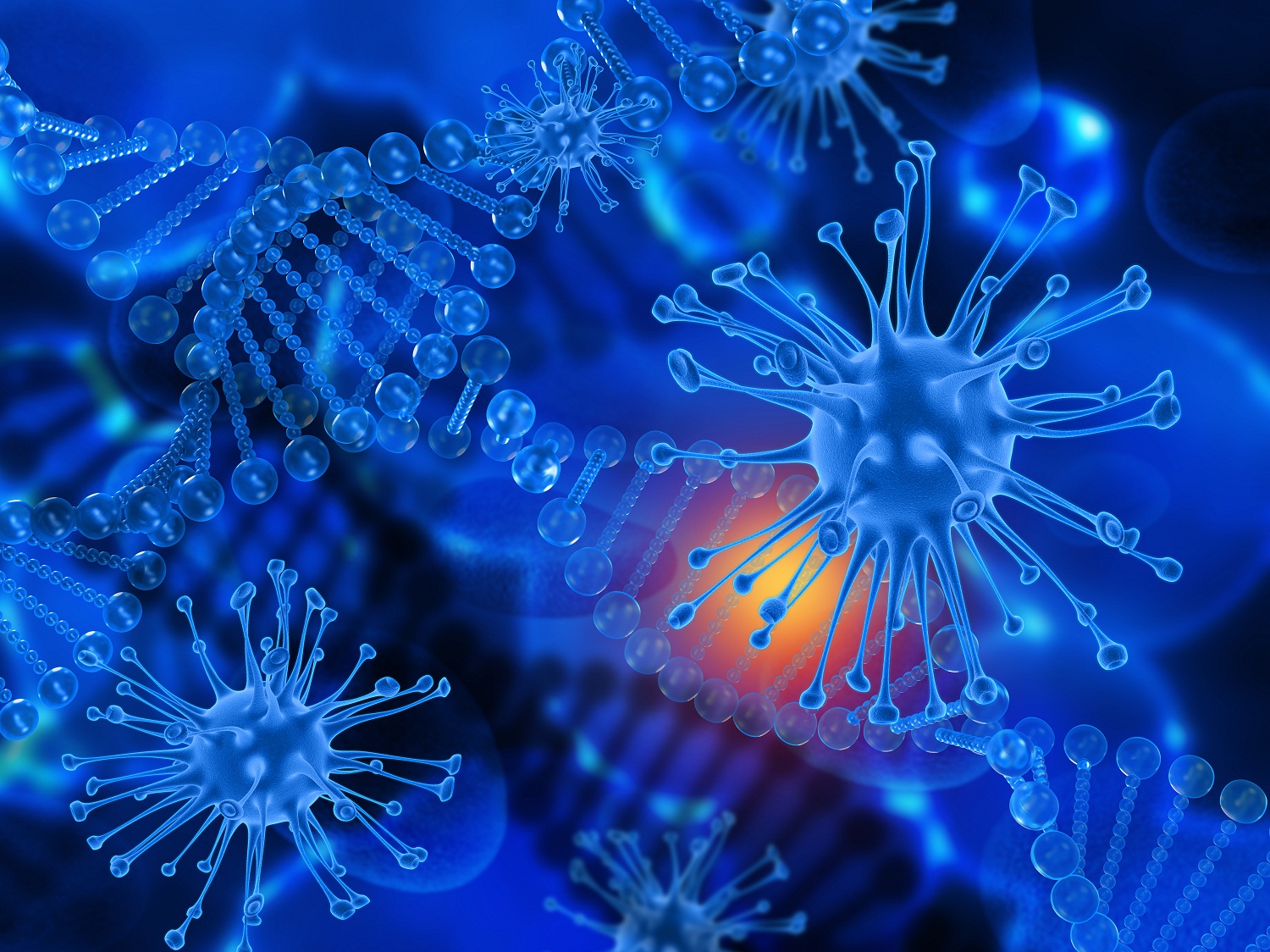 3D render of a medical background with clear DNA strands and virus cells