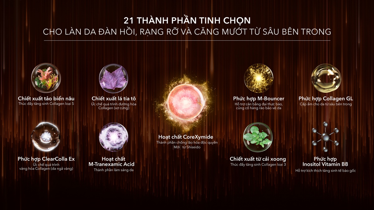 21 thành phần tinh chọn cho làn da đàn hồi, rạng rỡ và căng mướt từ sâu bên trong