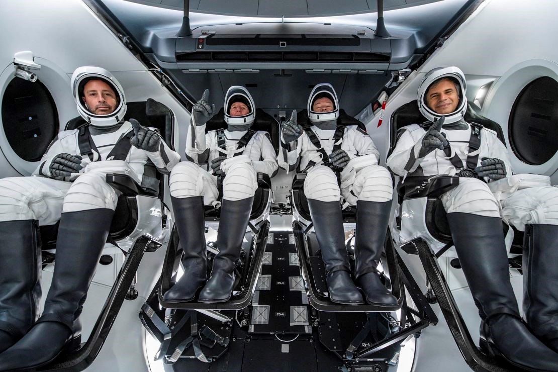 The AX-1 crew from Axiom Space train inside SpaceX’s Crew Dragon ahead of their two-week stay aboard the ISS.